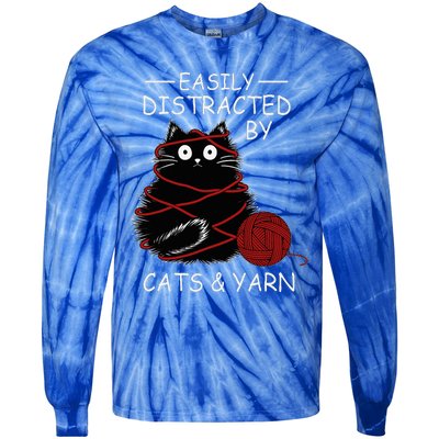 Easily Distracted By Cats And Yarn Kitten Lover Crochet Tie-Dye Long Sleeve Shirt