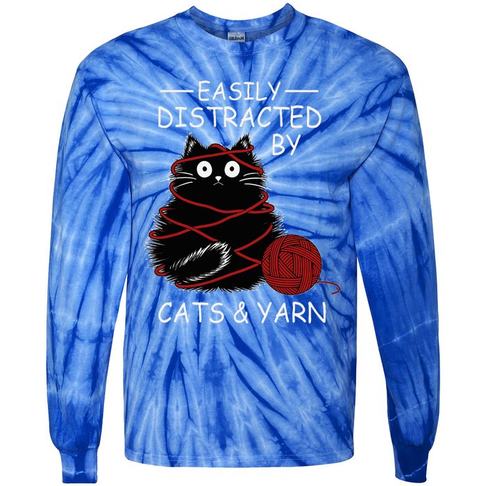 Easily Distracted By Cats And Yarn Kitten Lover Crochet Tie-Dye Long Sleeve Shirt