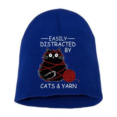 Easily Distracted By Cats And Yarn Kitten Lover Crochet Short Acrylic Beanie