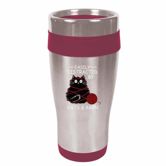 Easily Distracted By Cats And Yarn Kitten Lover Crochet 16oz Travel Tumbler