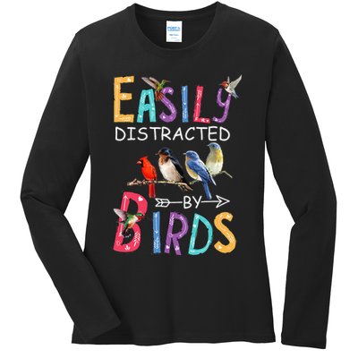 Easily Distracted By Birds Funny Bird Ladies Long Sleeve Shirt