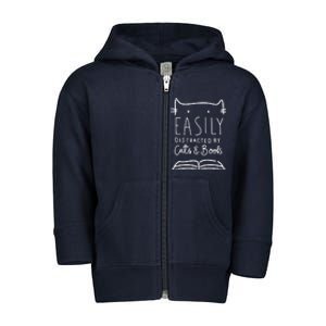 Easily Distracted By Cats And Books Cat & Book Lover Toddler Zip Fleece Hoodie