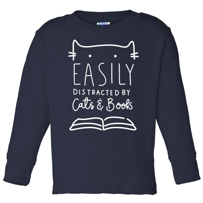 Easily Distracted By Cats And Books Cat & Book Lover Toddler Long Sleeve Shirt