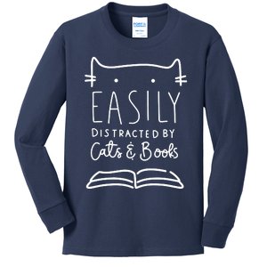 Easily Distracted By Cats And Books Cat & Book Lover Kids Long Sleeve Shirt