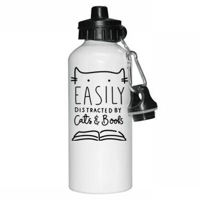 Easily Distracted By Cats And Books Cat & Book Lover Aluminum Water Bottle 