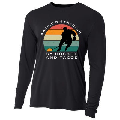 Easily Distracted By Hockey And Tacos Funny Hockey Players Cooling Performance Long Sleeve Crew