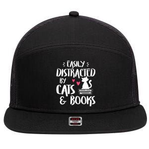 Easily Distracted by Cats and Books Cat & Book Lover 7 Panel Mesh Trucker Snapback Hat