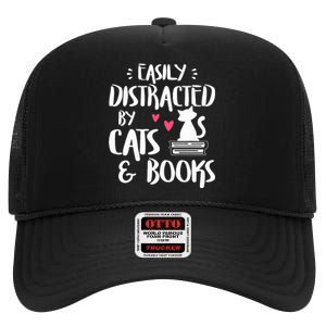 Easily Distracted by Cats and Books Cat & Book Lover High Crown Mesh Back Trucker Hat