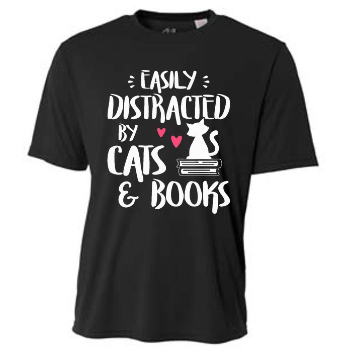 Easily Distracted by Cats and Books Cat & Book Lover Cooling Performance Crew T-Shirt