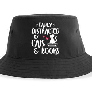 Easily Distracted by Cats and Books Cat & Book Lover Sustainable Bucket Hat