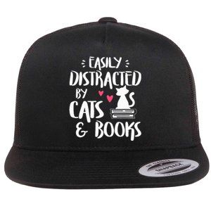 Easily Distracted by Cats and Books Cat & Book Lover Flat Bill Trucker Hat