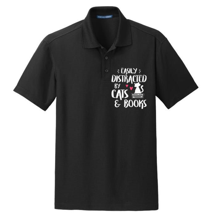 Easily Distracted by Cats and Books Cat & Book Lover Dry Zone Grid Polo