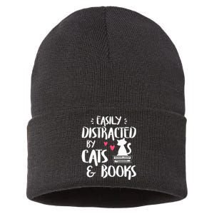 Easily Distracted by Cats and Books Cat & Book Lover Sustainable Knit Beanie