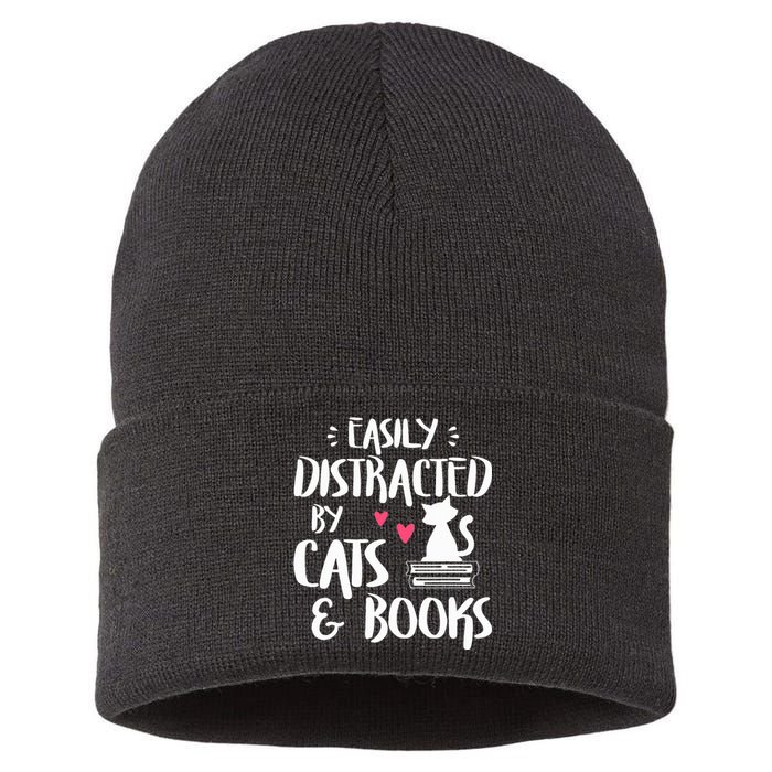 Easily Distracted by Cats and Books Cat & Book Lover Sustainable Knit Beanie