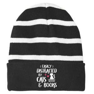 Easily Distracted by Cats and Books Cat & Book Lover Striped Beanie with Solid Band