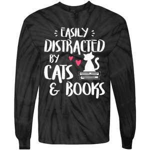 Easily Distracted by Cats and Books Cat & Book Lover Tie-Dye Long Sleeve Shirt