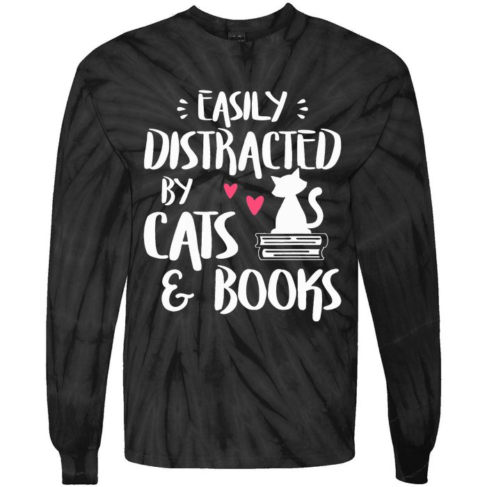 Easily Distracted by Cats and Books Cat & Book Lover Tie-Dye Long Sleeve Shirt