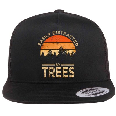 Easily Distracted By Trees Vintage Funny Tree Flat Bill Trucker Hat