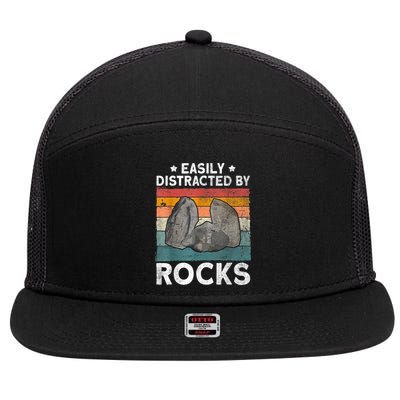 Easily Distracted By Rocks Collector Mineral Retro Geologist 7 Panel Mesh Trucker Snapback Hat