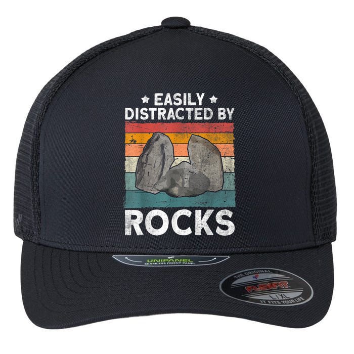 Easily Distracted By Rocks Collector Mineral Retro Geologist Flexfit Unipanel Trucker Cap