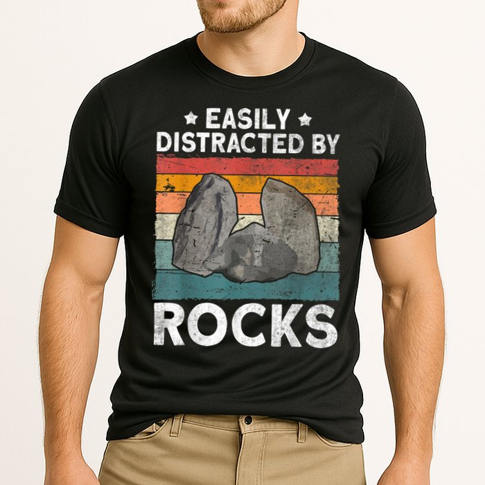 Easily Distracted By Rocks Collector Mineral Retro Geologist Performance Shirt