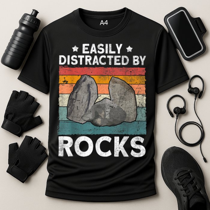 Easily Distracted By Rocks Collector Mineral Retro Geologist Performance Shirt