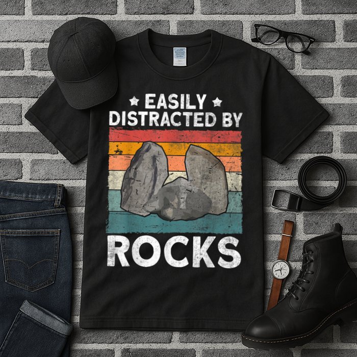 Easily Distracted By Rocks Collector Mineral Retro Geologist Tall T-Shirt