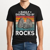 Easily Distracted By Rocks Collector Mineral Retro Geologist V-Neck T-Shirt