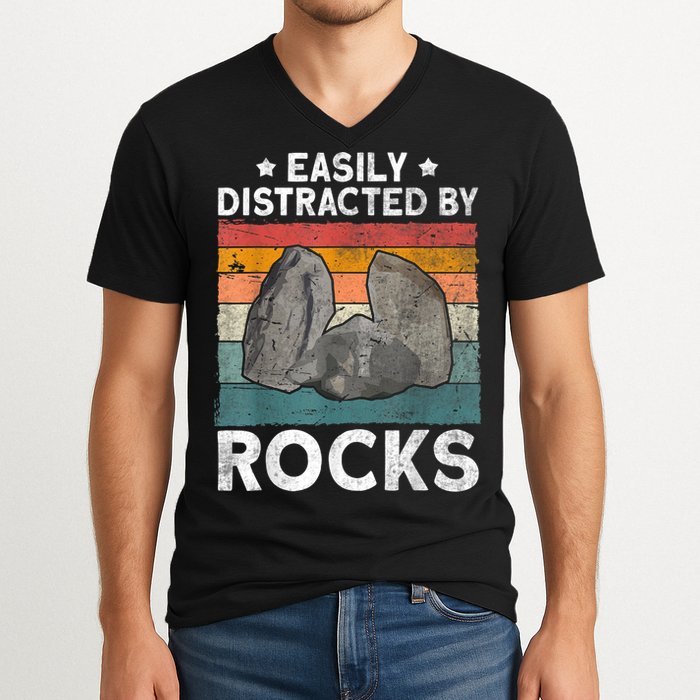 Easily Distracted By Rocks Collector Mineral Retro Geologist V-Neck T-Shirt