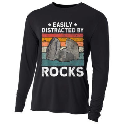 Easily Distracted By Rocks Collector Mineral Retro Geologist Cooling Performance Long Sleeve Crew