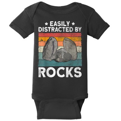 Easily Distracted By Rocks Collector Mineral Retro Geologist Baby Bodysuit