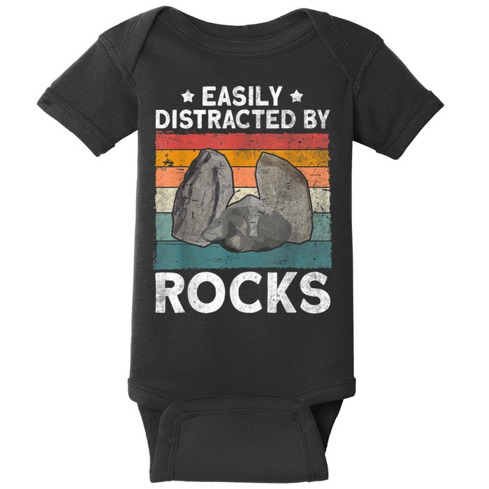 Easily Distracted By Rocks Collector Mineral Retro Geologist Baby Bodysuit