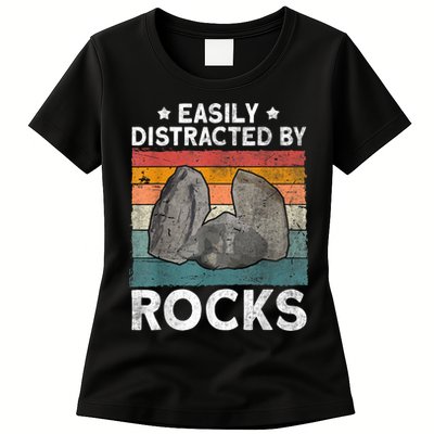 Easily Distracted By Rocks Collector Mineral Retro Geologist Womens T-Shirt