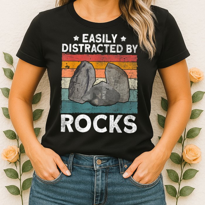 Easily Distracted By Rocks Collector Mineral Retro Geologist Womens T-Shirt
