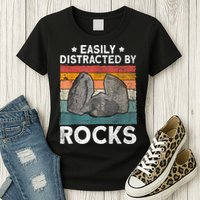 Easily Distracted By Rocks Collector Mineral Retro Geologist Womens T-Shirt