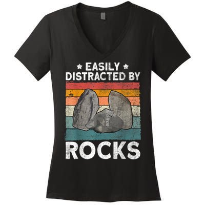 Easily Distracted By Rocks Collector Mineral Retro Geologist Women's V-Neck T-Shirt