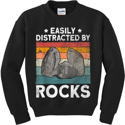 Easily Distracted By Rocks Collector Mineral Retro Geologist Kids Sweatshirt