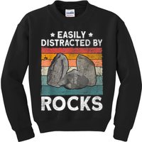 Easily Distracted By Rocks Collector Mineral Retro Geologist Kids Sweatshirt