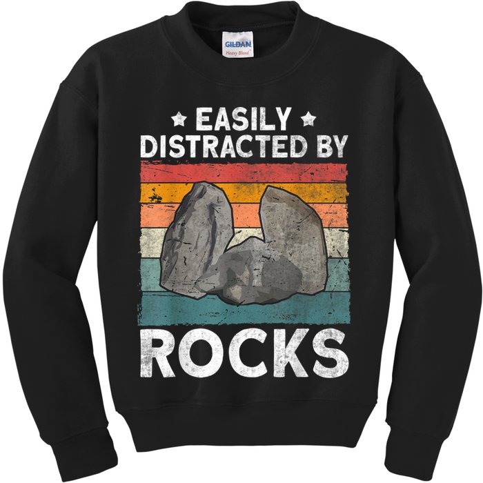 Easily Distracted By Rocks Collector Mineral Retro Geologist Kids Sweatshirt