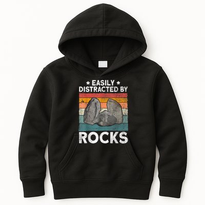 Easily Distracted By Rocks Collector Mineral Retro Geologist Kids Hoodie