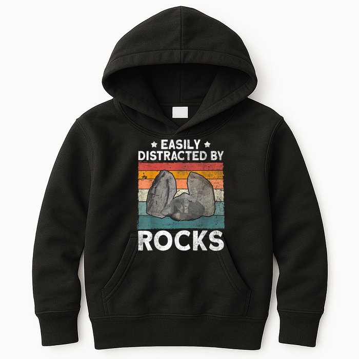 Easily Distracted By Rocks Collector Mineral Retro Geologist Kids Hoodie