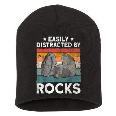 Easily Distracted By Rocks Collector Mineral Retro Geologist Short Acrylic Beanie