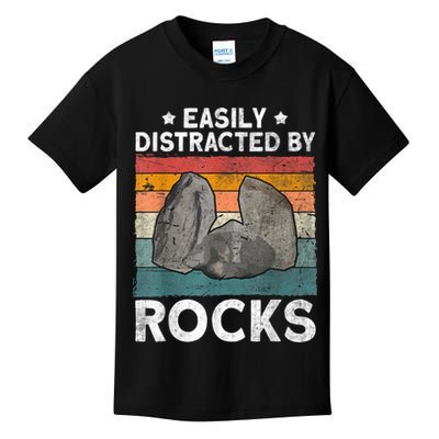 Easily Distracted By Rocks Collector Mineral Retro Geologist Kids T-Shirt