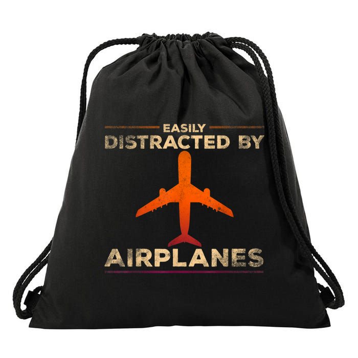 Easily Distracted By Airplanes Airplane Lover Aviation Drawstring Bag