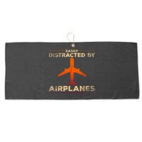 Easily Distracted By Airplanes Airplane Lover Aviation Large Microfiber Waffle Golf Towel
