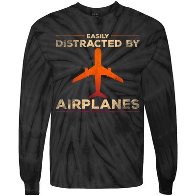 Easily Distracted By Airplanes Airplane Lover Aviation Tie-Dye Long Sleeve Shirt