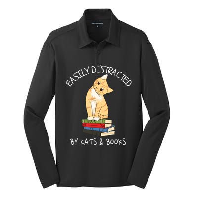 Easily Distracted By Cats And Books Cat & Book Lover Silk Touch Performance Long Sleeve Polo