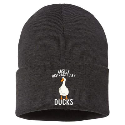 Easily Distracted By Ducks Funny Duck Lover Sustainable Knit Beanie