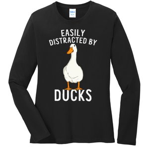 Easily Distracted By Ducks Funny Duck Lover Ladies Long Sleeve Shirt