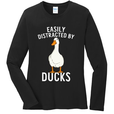 Easily Distracted By Ducks Funny Duck Lover Ladies Long Sleeve Shirt